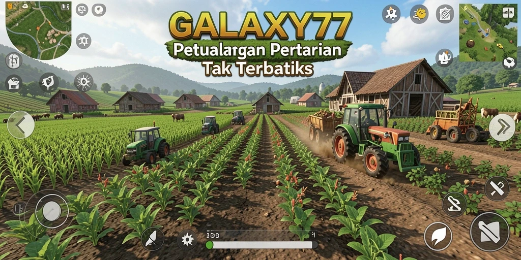 Tampilan screenshot gameplay GALAXY77 menunjukkan ladang pertanian yang hijau dan subur.