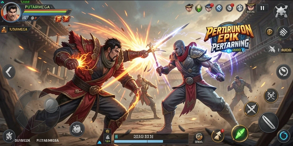 Gameplay PUTARMEGA menampilkan pertarungan intens antara karakter keren.