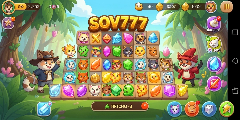 Screenshot gameplay SOV777 yang menampilkan aksi Match-3 yang seru.