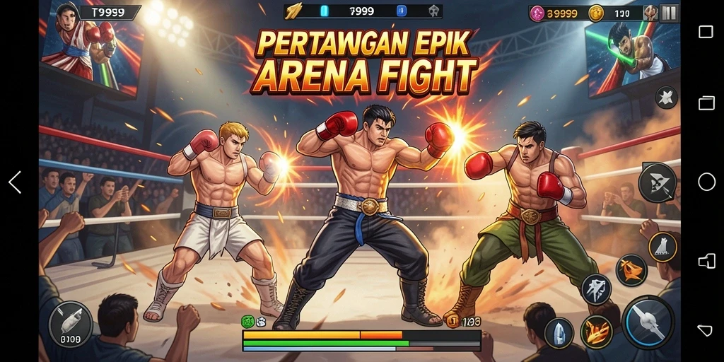 Screenshot T9999 menunjukkan pertarungan intens di arena yang epik.